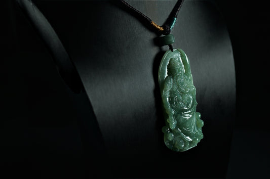 "Guan Gong" God of Wealth Pine Green Jade Pendant