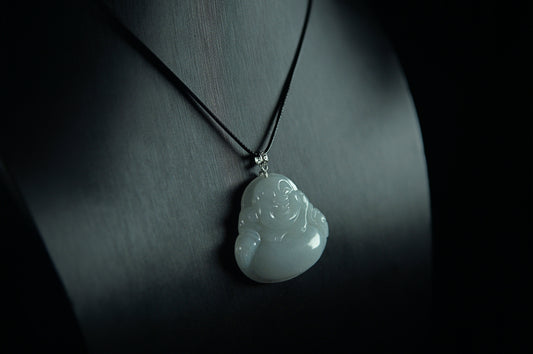 "Laughing Buddha" Icy White Jade Pendant