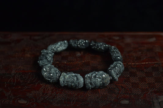 Black Jade Waxy Translucent Buddha Head Bead Strand