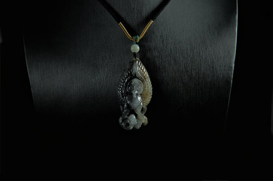 "Owl" Ink Yellow Jade Pendant